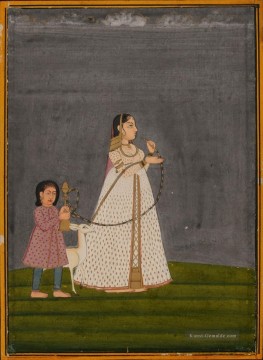 Lady mit huqqa von Kind hielt 1800 Indien Ölgemälde